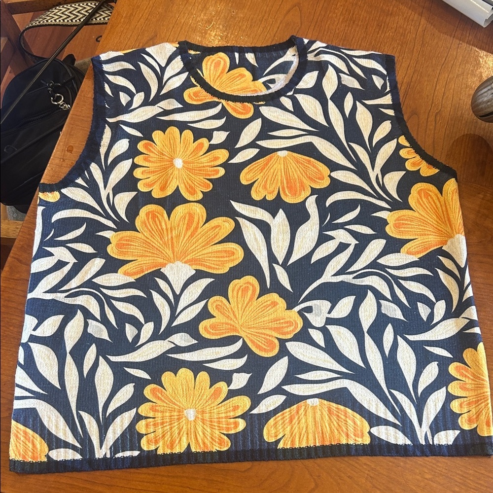 Navy Floral Knit Tank with Golden Yellow Blooms